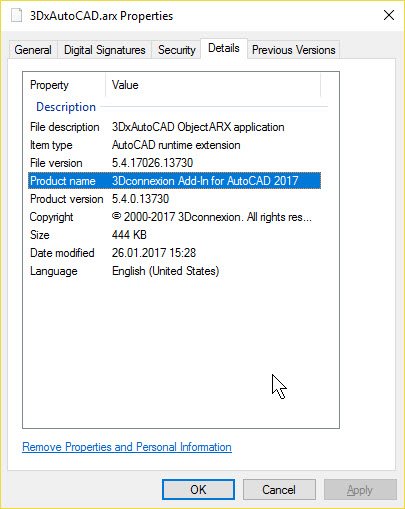 Properties from 3DxAutoCAD.arx from driver 3DxWare 10.4.10